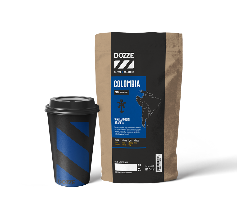 Kolombiya single origin paket ve bardak uygulaması