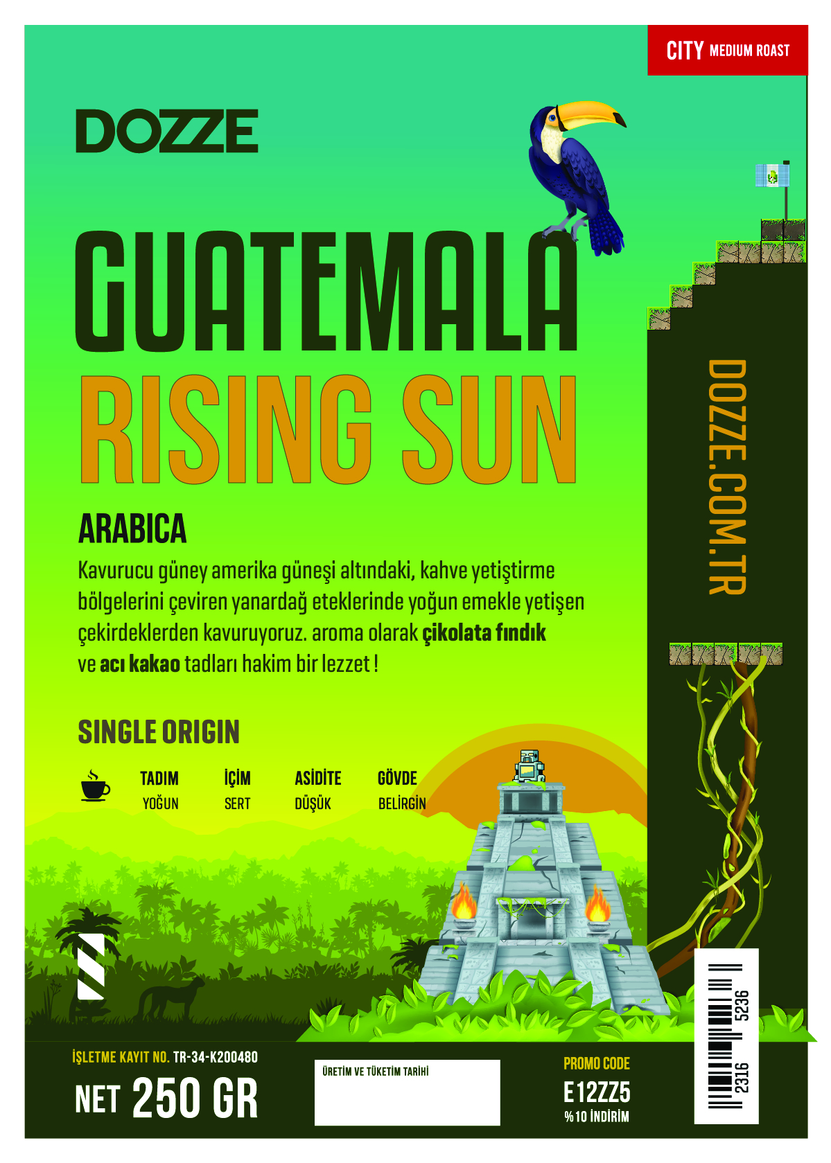 Köken hikâyesini illüstrasyonla aktaran Guatemala etiketi